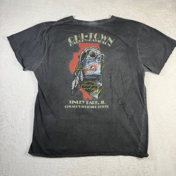 Harley Davidson Chi-Town Skull Graphic Tee Gray Men's 3XL Distressed‎ Look - Picture 5 of 11